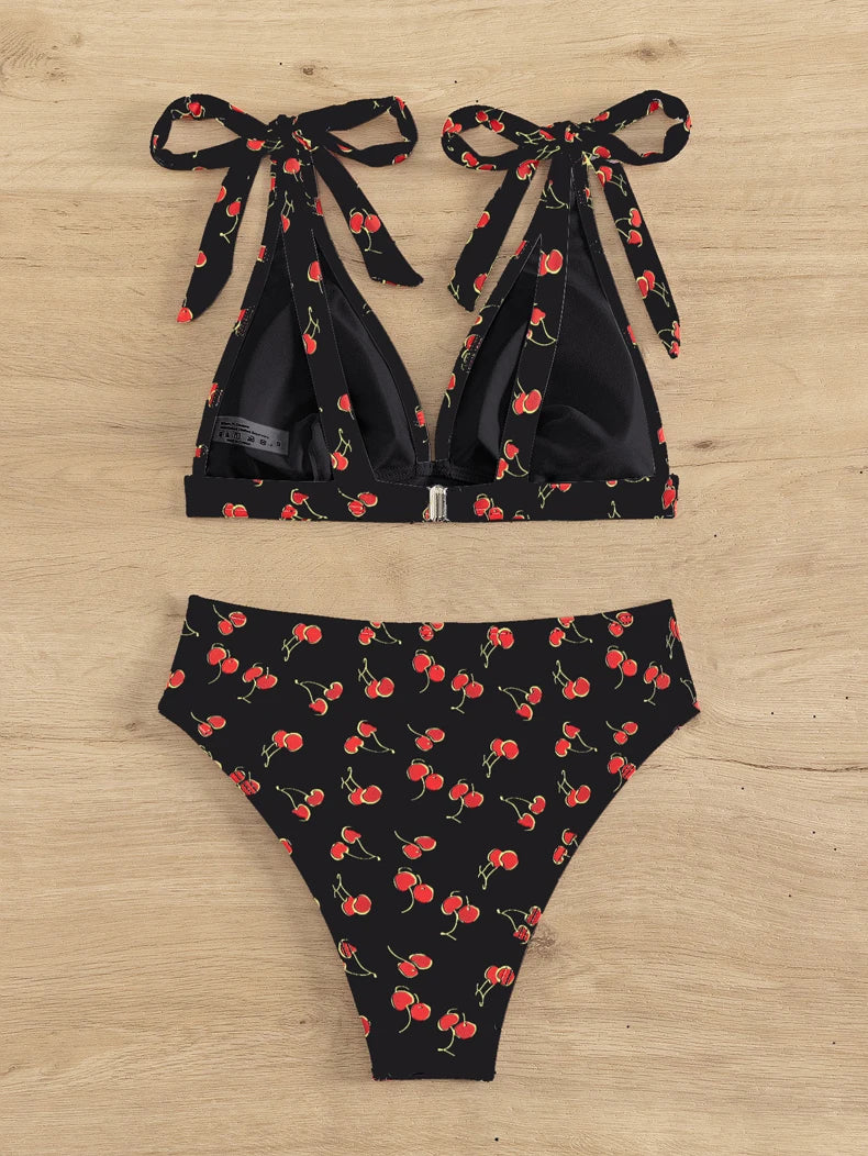 Black Cherry Print Bikini Set Women Tie Up Strap V Neck Push Up High Waist Swimsuit Cut Out Bathing Suit Two Piece Swimwear