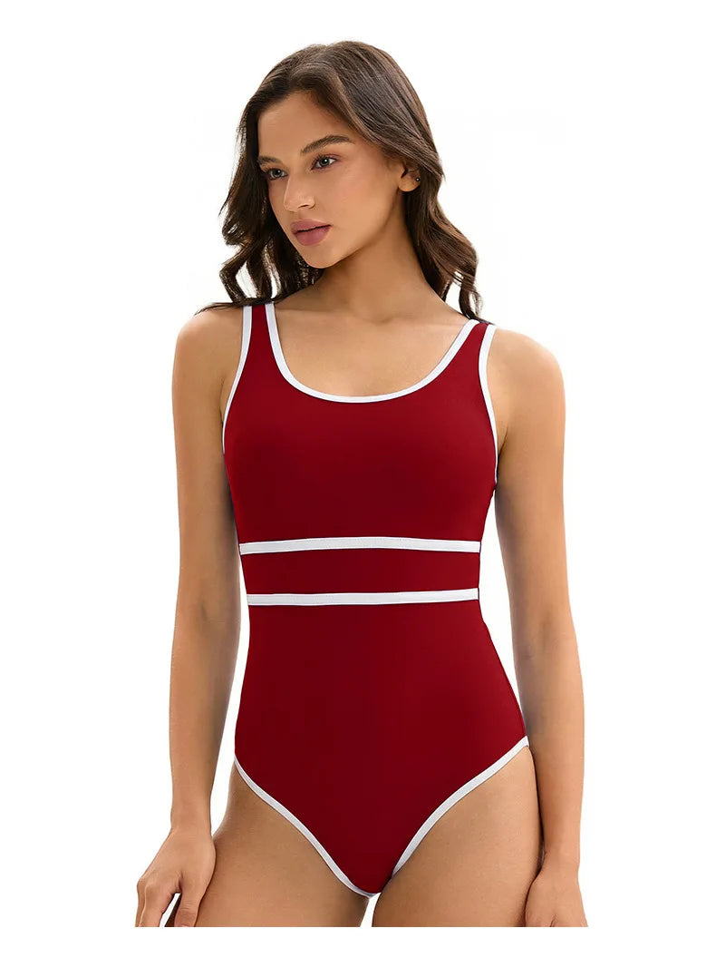 Color Block One Piece Swimsuit Women Sport Triangle Sleeveless Beach Swimwear Bathers