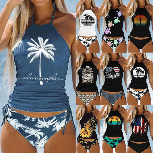 Women's Bathing Suit Coconut Drawstring Side Halter Neck Tankini Set Summer Beach Wear Cute Swimwear Women Swimsuit Bikini