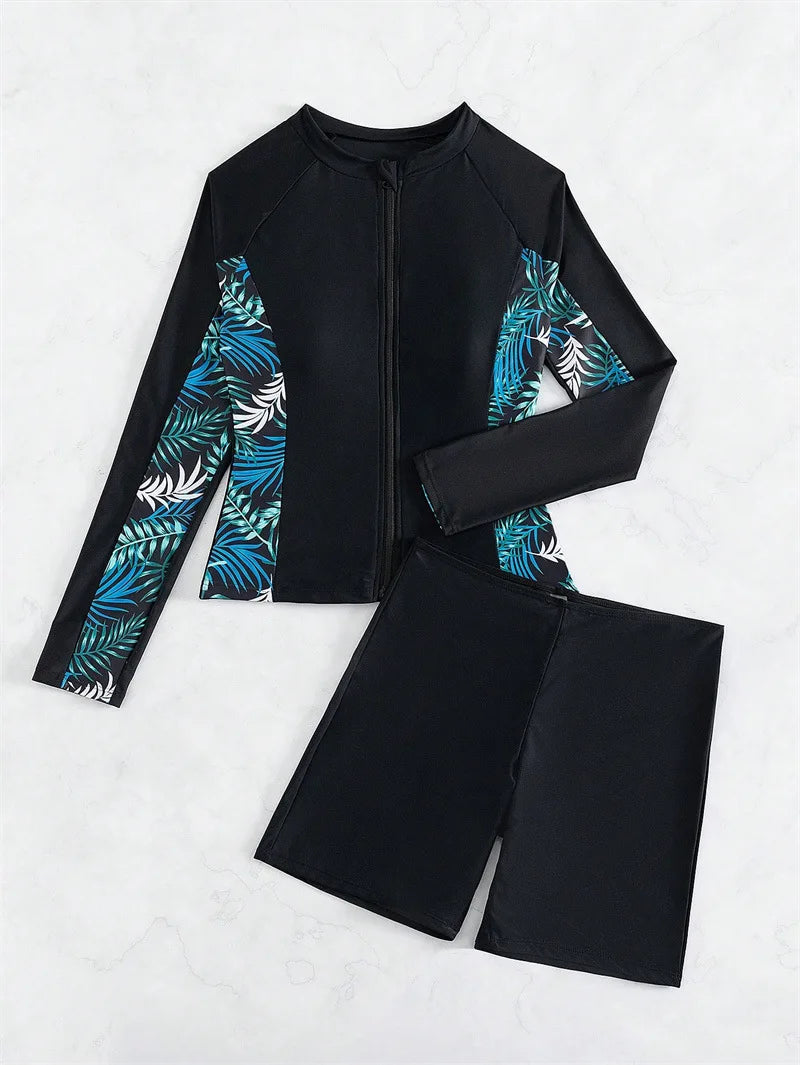 Women's Swimsuit Tankini Set Female Long Sleeves Swimwear Surfing Sports Pool Beachwear Two-Piece Bathing Suits With Shorts