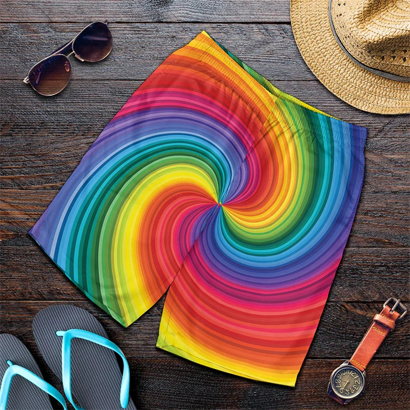 Rainbow Stripes & Marble Swirls Harajuku Short Pants Men 3D Printed Hawaii Swimsuit Trunks Summer Swimming Beach Shorts Breath Sport Gym Ice Shorts