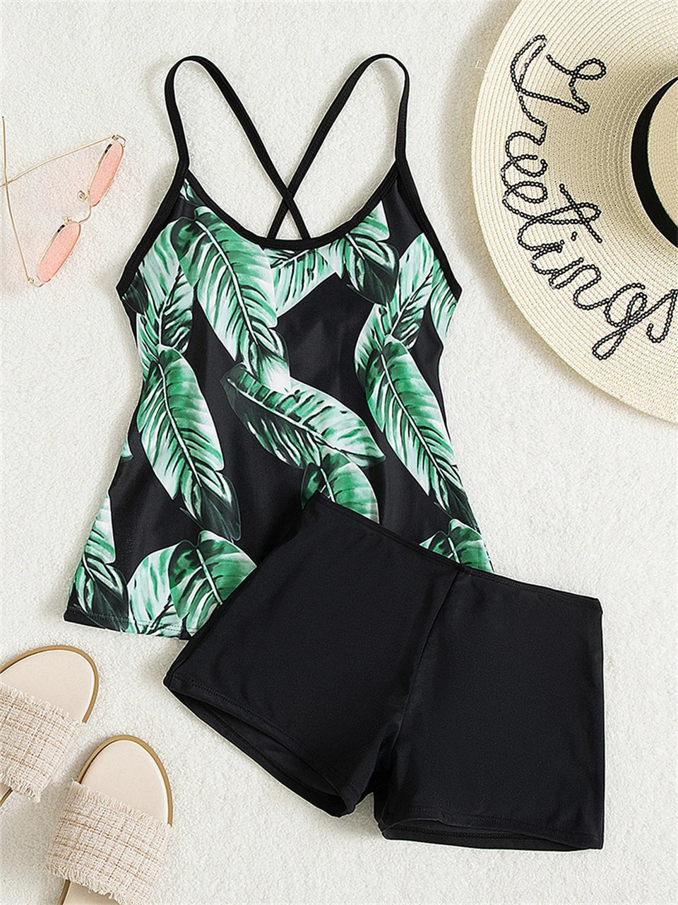 String Tankini Two Piece Leaf Print Swimsuit Women High Waist Shorts Swimwear Female Bather Bathing Swimming Suit Beachwear