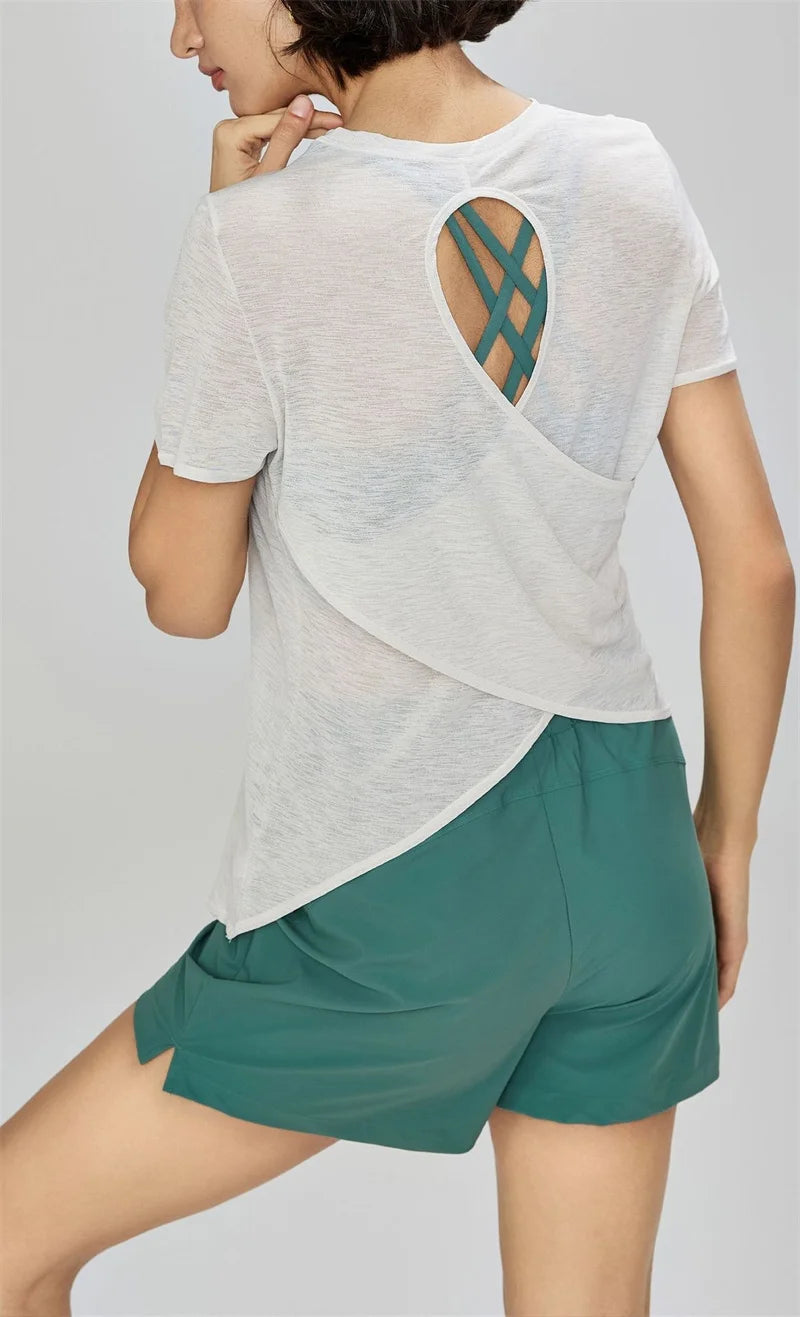 Aiithuug Breathable Mesh Yoga Short Sleeve Crisscross Back Yoga Short Sleeve Blouse Quick Dry Gym Shirt Casual Cutout Back Yoga