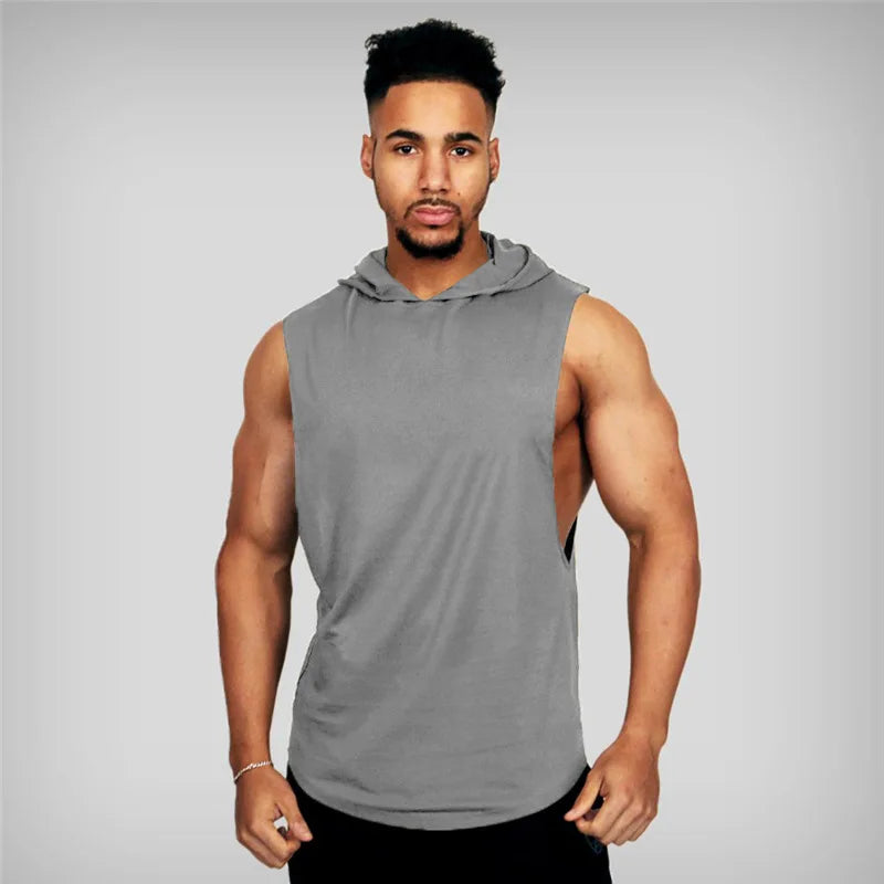 With Hat Gym T-shirt Man Sleeveless Sweatshirt Gym Clothing Men Bodybuilding Clothes Men's Singlet Fitness Vest Singlets Tops