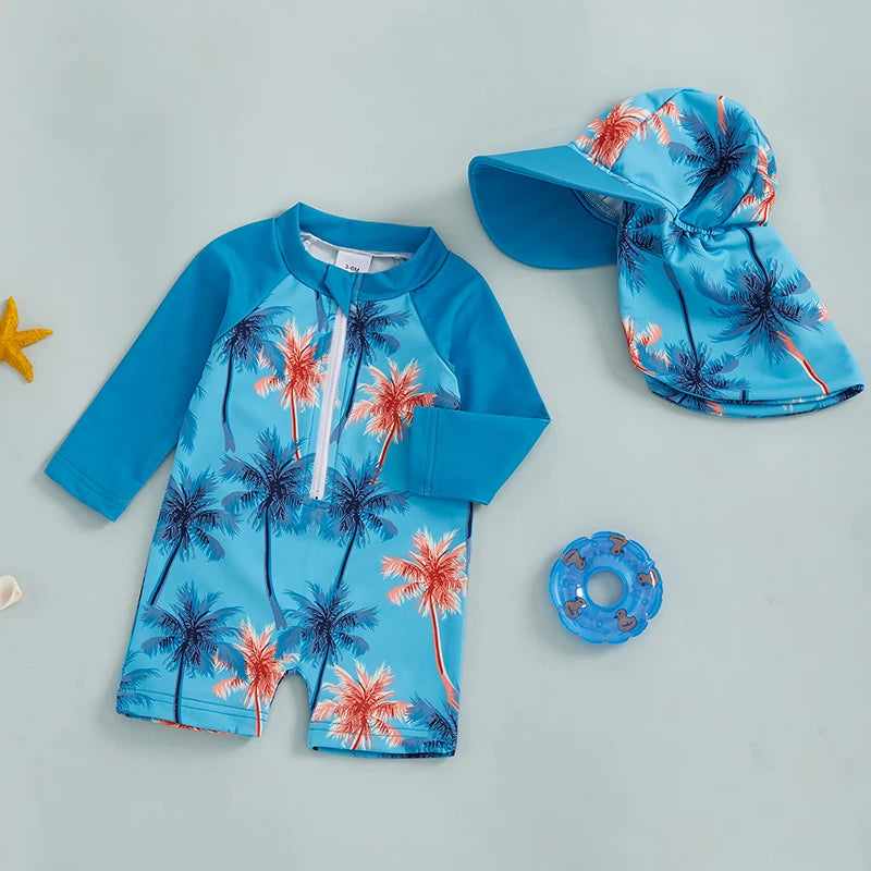 Toddler Boys Rash Guard Swimsuit Coconut Tree Print Long Sleeve Zip Bathing Suit with Swim Cap