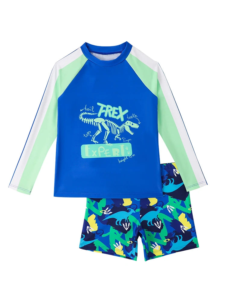 Boy Kids Swimsuit Solid Print Long Sleeves Two Piece Children Swimwear Summer Shorts Beach Wear Bathing Suit Swimming
