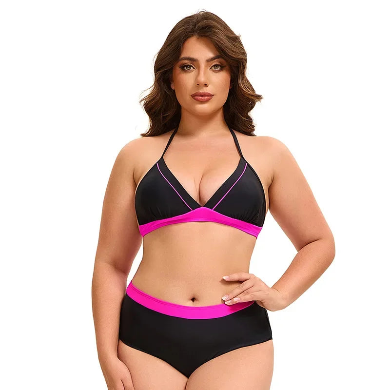 Plus Size Bikini Swimsuit Low Waist Bikini Set Backless Women's Swimsuit Block Color Two-Pieces Swimwear Summer Beach Bathing Suit
