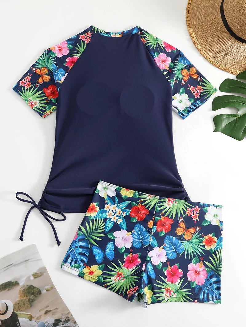 Tropical Plant Print Drawstring 2 Piece Set Rush Guard Tankini Short Sleeve Crew Neck Stretchy Sun Protection Patchwork Swimsuit