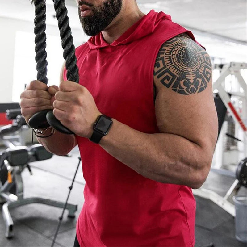 With Hat Gym T-shirt Man Sleeveless Sweatshirt Gym Clothing Men Bodybuilding Clothes Men's Singlet Fitness Vest Singlets Tops