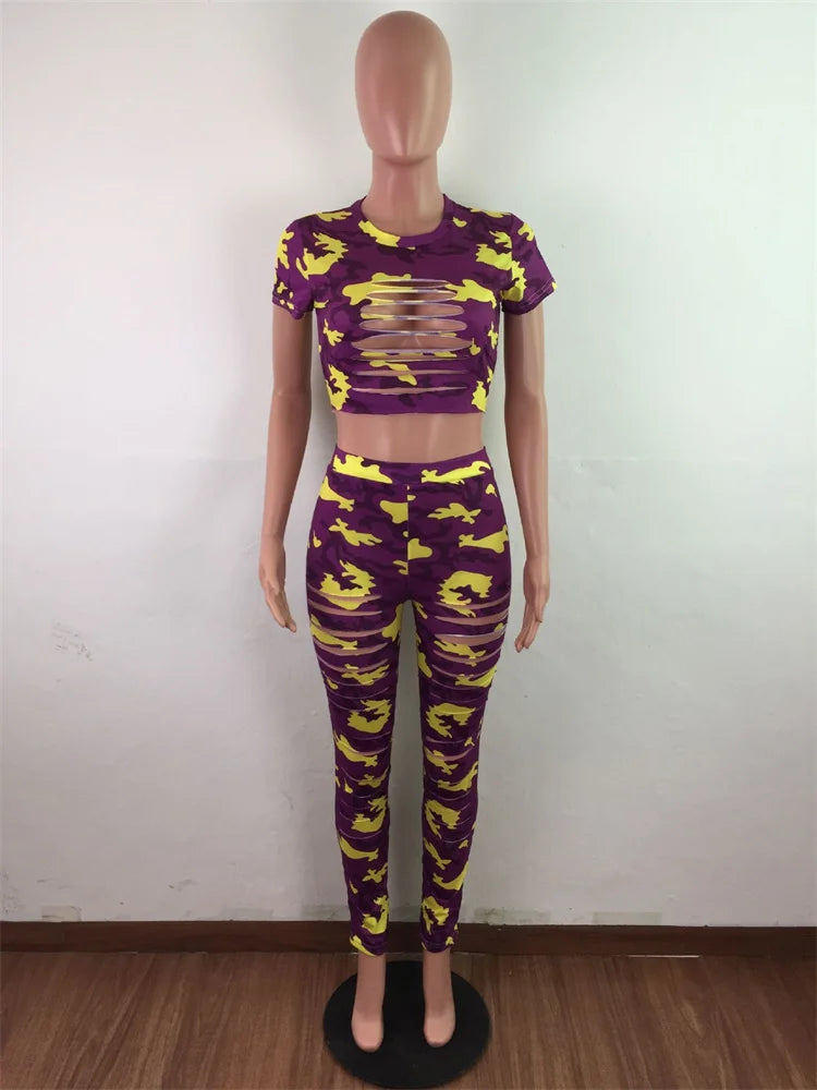 Wmstar Women Two Piece Set Summer Sport Fashion Casual Ripped Sweatshirt Sweat Camouflage Print Pant Sets Outfit Tracksuit