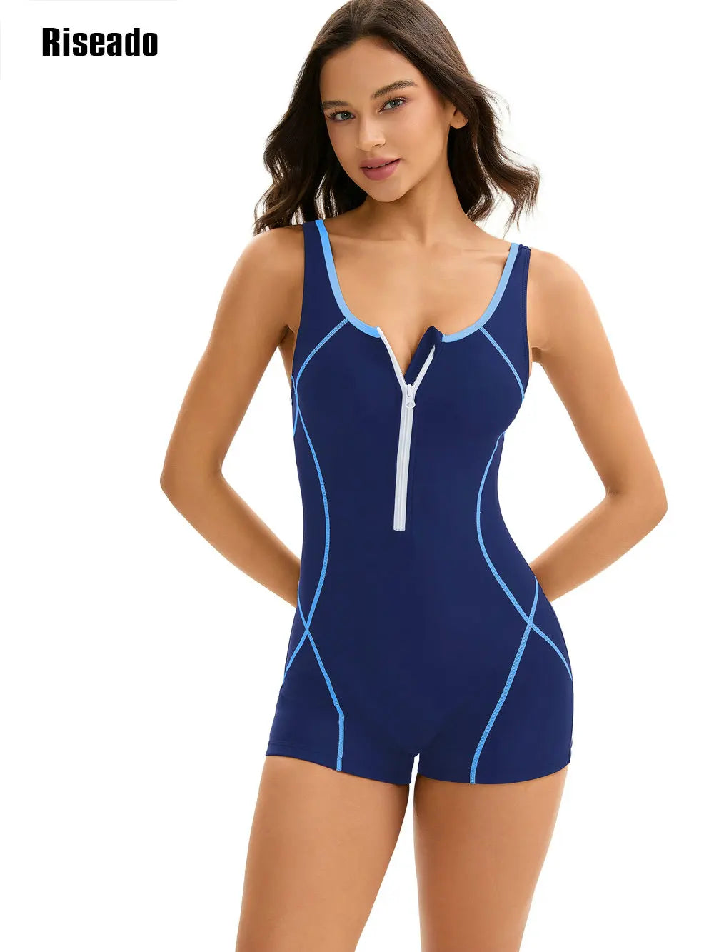 Women One Piece Swimsuit Front Zipper Sports Bathing Suits Athletic Rash Guard Swimwear