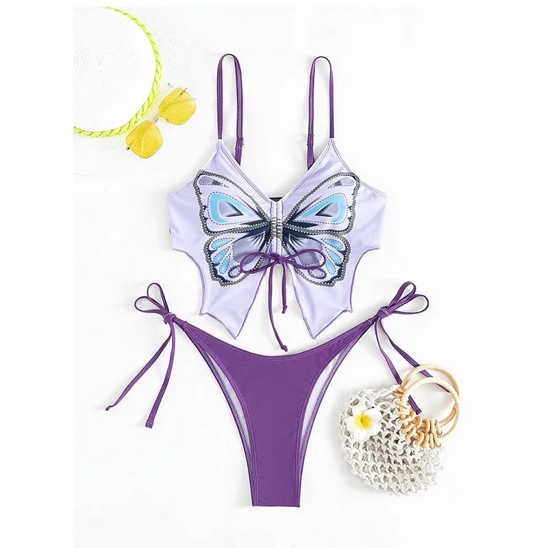 Butterfly Print Strapped Swimwear Women Tied High Cut Bikini Set Push Up Swimsuit Backless Summer Beach Bathing Suit Bathers