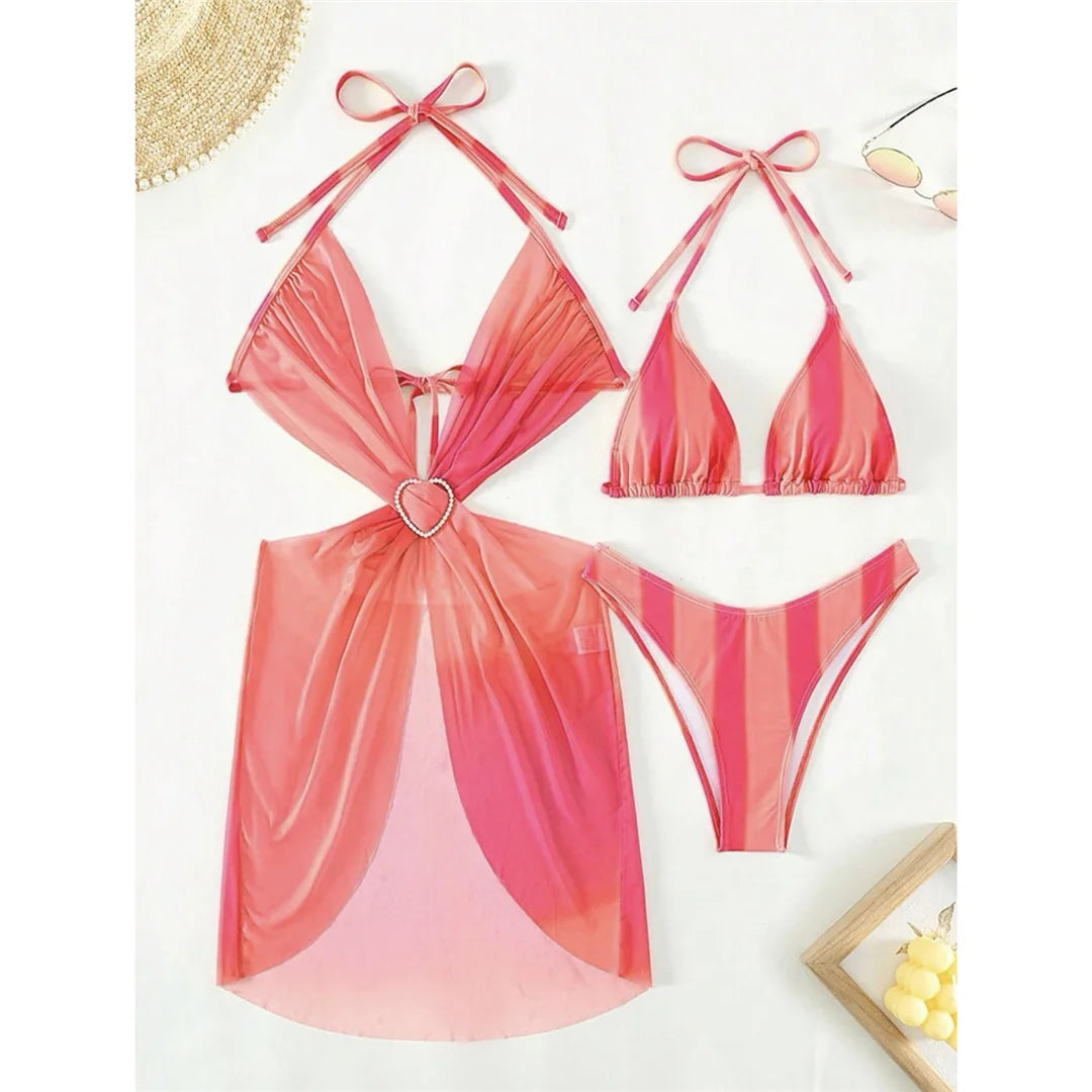 With Dress Tie Dye Striped Bikini Female Swimsuit Women Swimwear Three-pieces Bikini set Bather Bathing Suit Swim