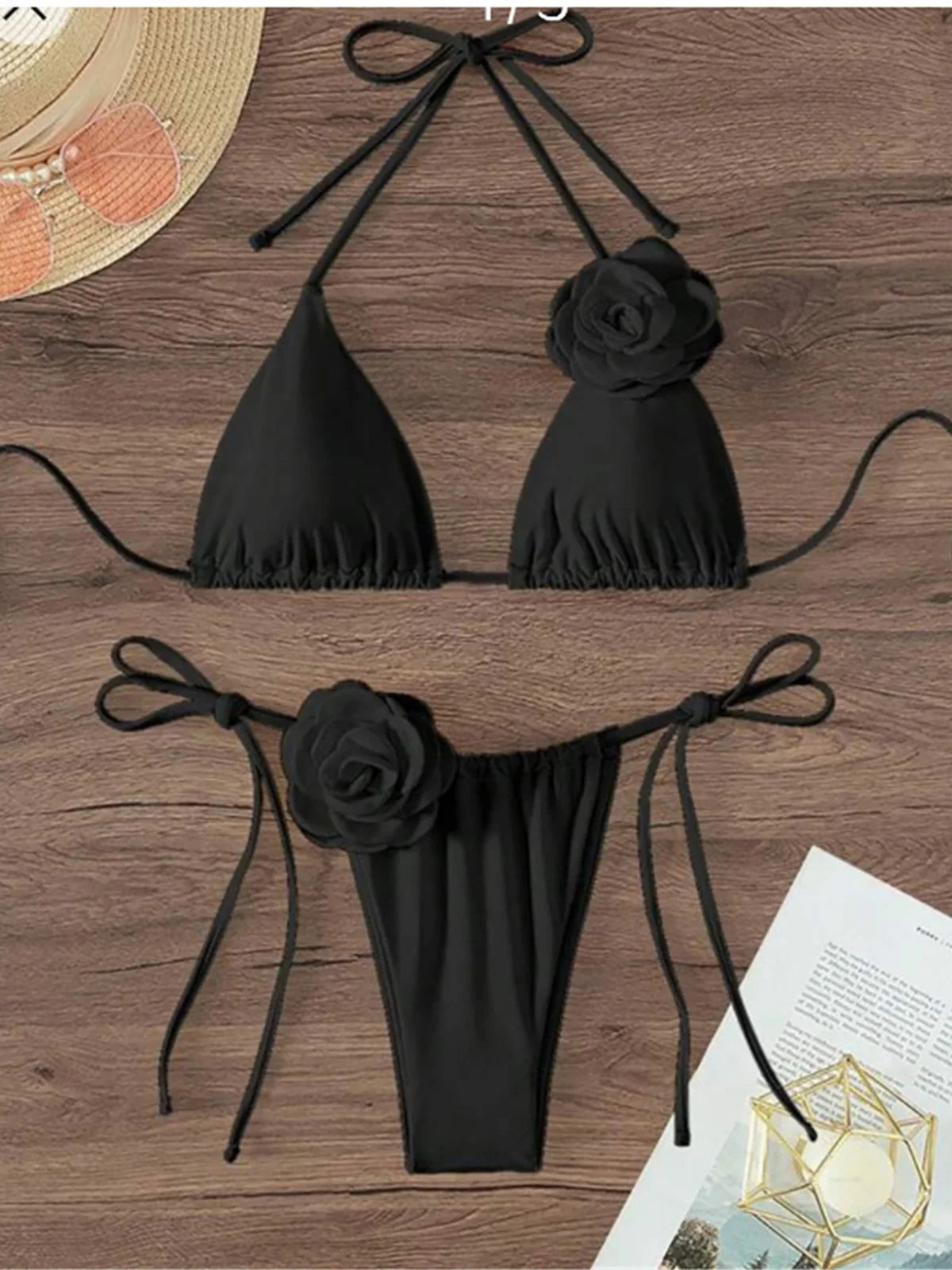 S - XL 3D Flowers Halter Strappy Bikini Women Swimwear Female Swimsuit Two-pieces Bikini set Bather Bathing Suit Swim