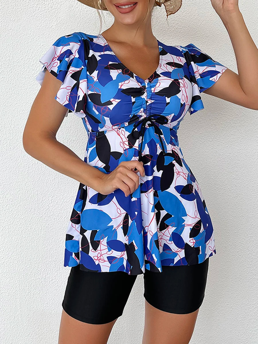 Printed Tankini Set Two Piece Swimsuit Women Tie Front Drawstring Swimwear Female Bathing Swimming Suit Beachwear Summer