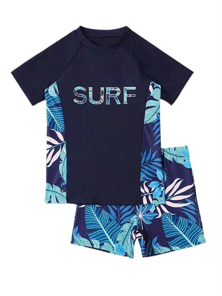 Boys' Blue Tropical-Print Short-Sleeve Rash Guard & Shorts Set
