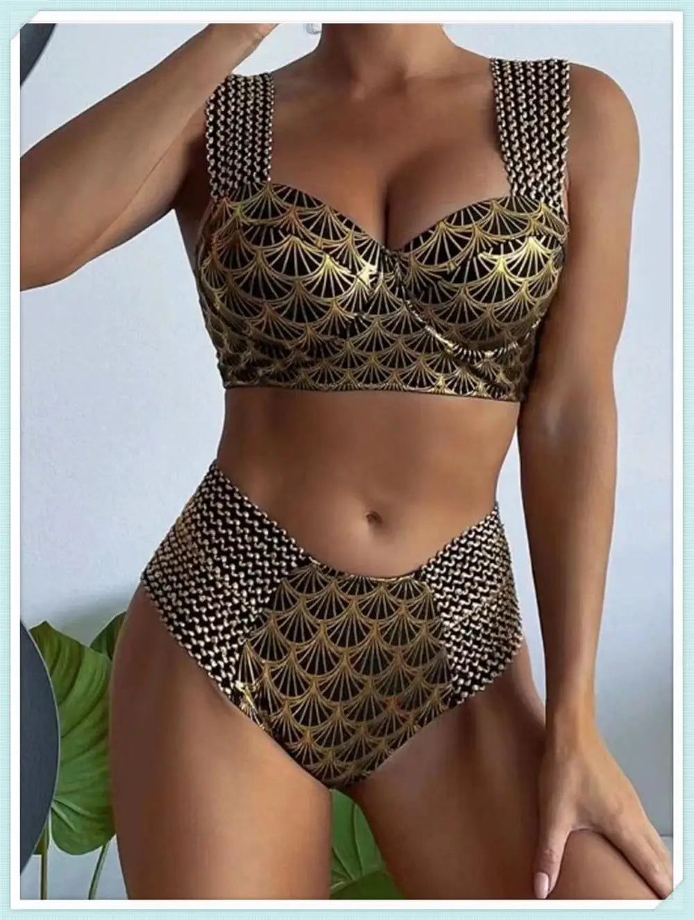 Metallic Stitch Strap Bikini Women Push Up Gold print Swimsuit Female High Waist Swimwear Bathers Bathing Suit Beachwear