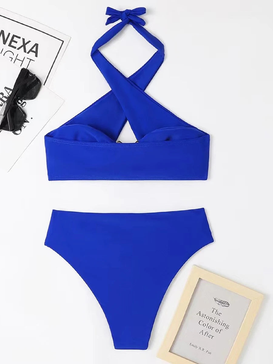 Halter Bikini Solid Metal Link Swimsuit Women Hollow Out Swimwear Female Bathers Bathing Swimming Swim Suit Beachwear