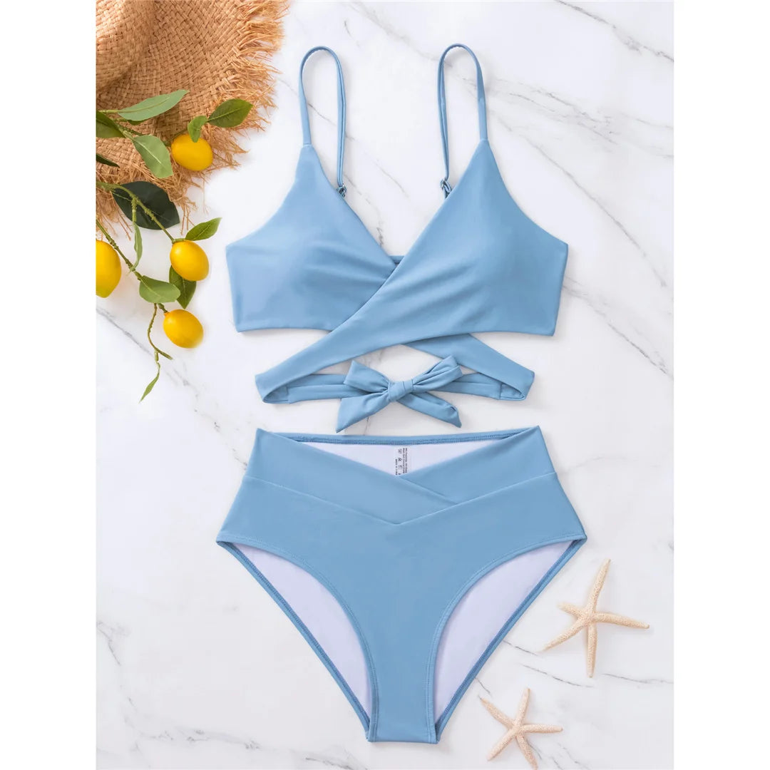 S - XL 7 Colors V Neck High Waist Bikini Female Swimsuit Women Swimwear Two-pieces Bikini set Bather Bathing Suit Swim