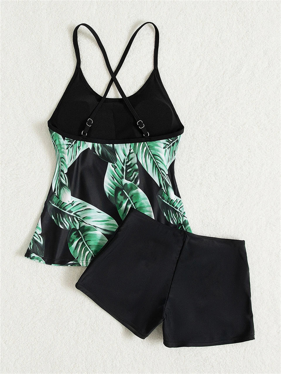 String Tankini Two Piece Leaf Print Swimsuit Women High Waist Shorts Swimwear Female Bather Bathing Swimming Suit Beachwear
