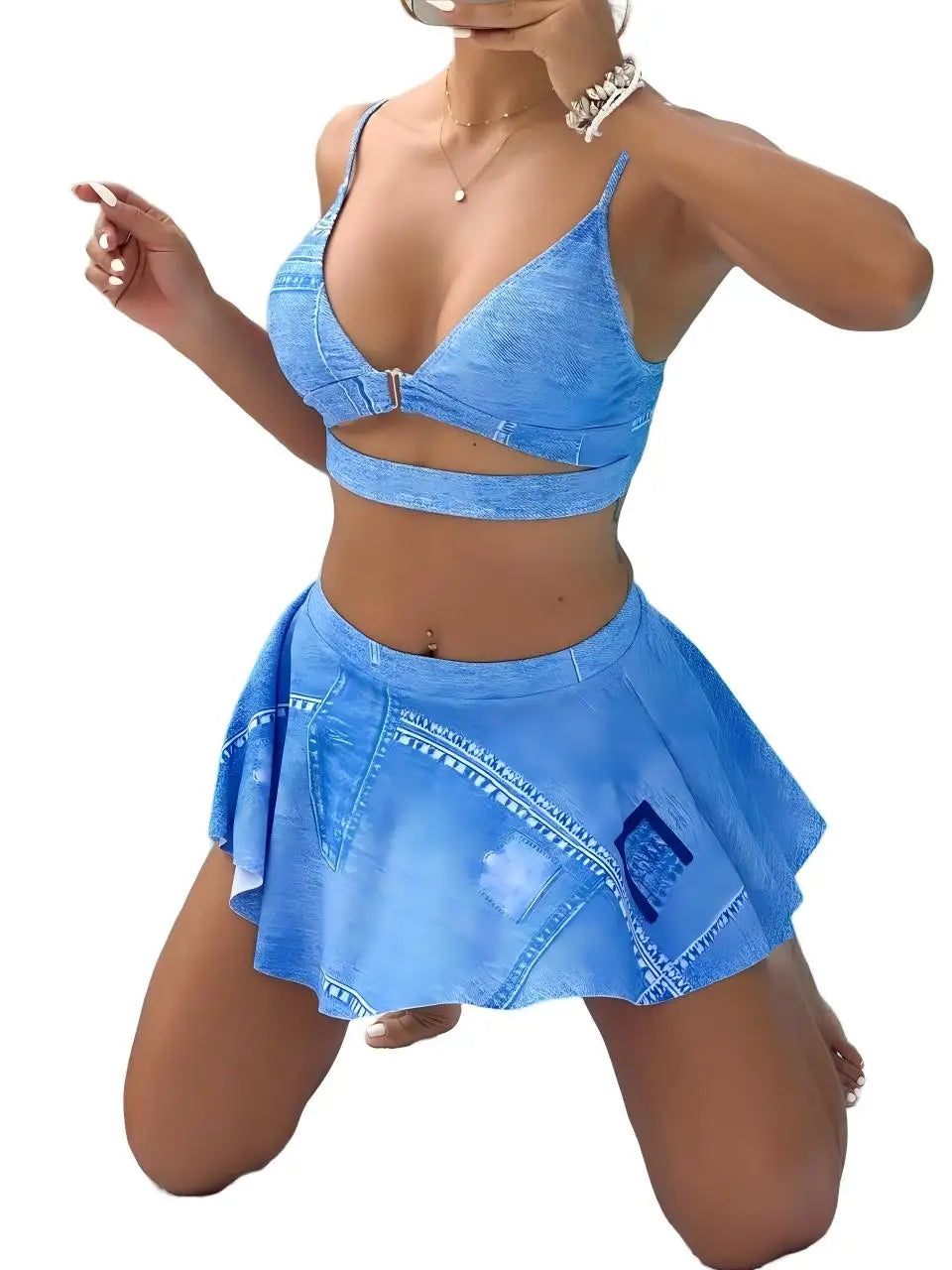 Strappy 3 Pieces Bikini Set & Beach Skirt Swimsuit Women Printed Swimwear Female Bathers Bathing Swimming Suit Beachwear