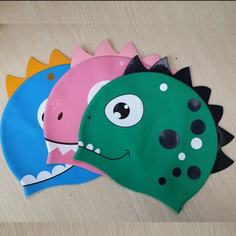 Cartoon Silicone Swimming Cap Waterproof Dinosaur Long Hair Sports Swim Pool Hat Adults & Children Elastic Swimming Cap