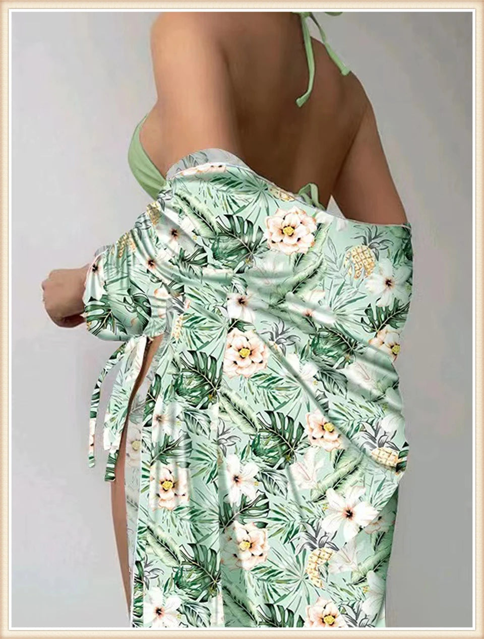 Lace Up Bikinis & Cover Up Long Sleeve Swimwear Women 3-Piece Print Swimsuit Summer Beach Bathing Suit Female Swimming Wear