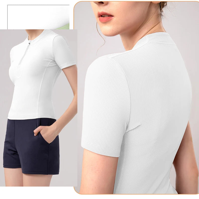 Aiithuug Women Slim Fit Gym Shirts Half Zip Workout Tops Quarter Zip Fitness Shirt Running Quicky Dry Short Sleeve Yoga Tops