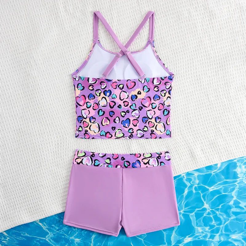 Girls High Waist Bikini Sets Heart Print Crop Tops Kids Swimsuit 8-14 Years Children's Swimwear Teenage Bathing Suit Purple