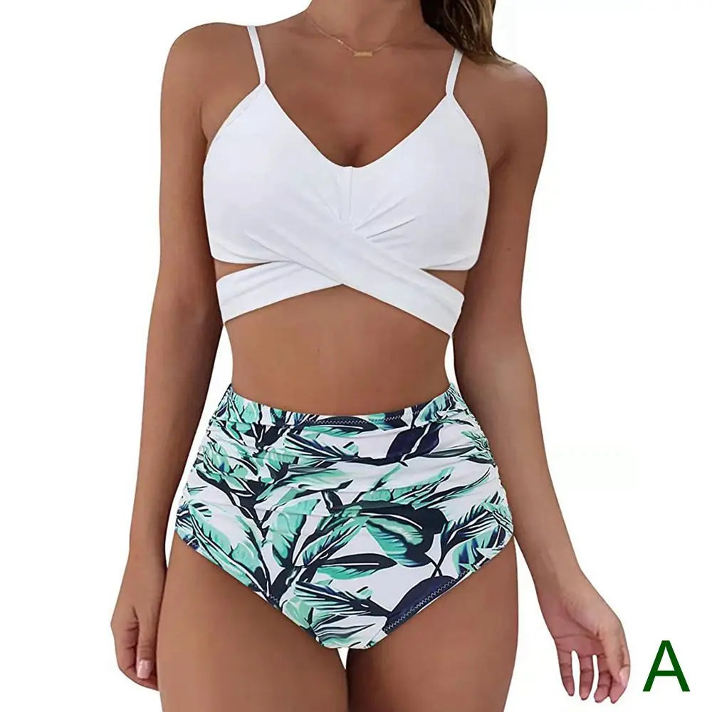 Bikini Two Piece Suit Cross Front Slim High Waisted Bottom Solid/Print Breathable Quick Drying Beachwear