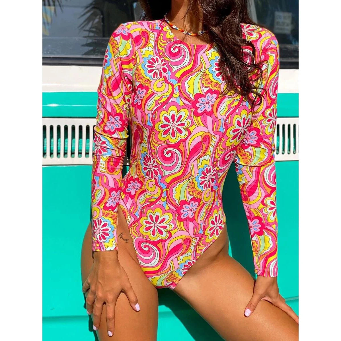 Surfing Sport Long Sleeves Swimsuit For Women Floral Printed High Quality Swimwear Patchwork Bathing Suit Tropical Summer