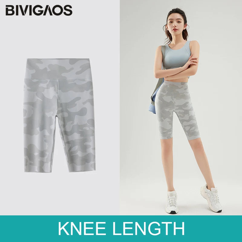 BIVIGAOS Summer Camouflage Green Sharkskin Biker Shorts Knee Length Short Leggings Women Casual Sports Cycling Shorts