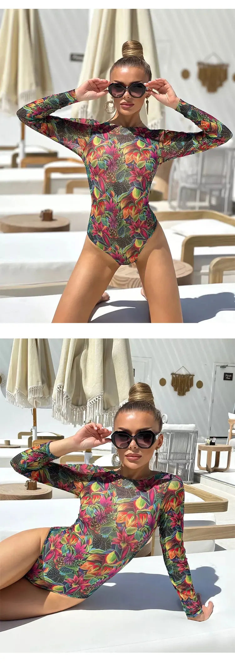 Mesh High Waist Swimsuit Women Summer Bathing Suit Bikini Set Long Sleeve Swimwear Beach Swimming Suit For Female
