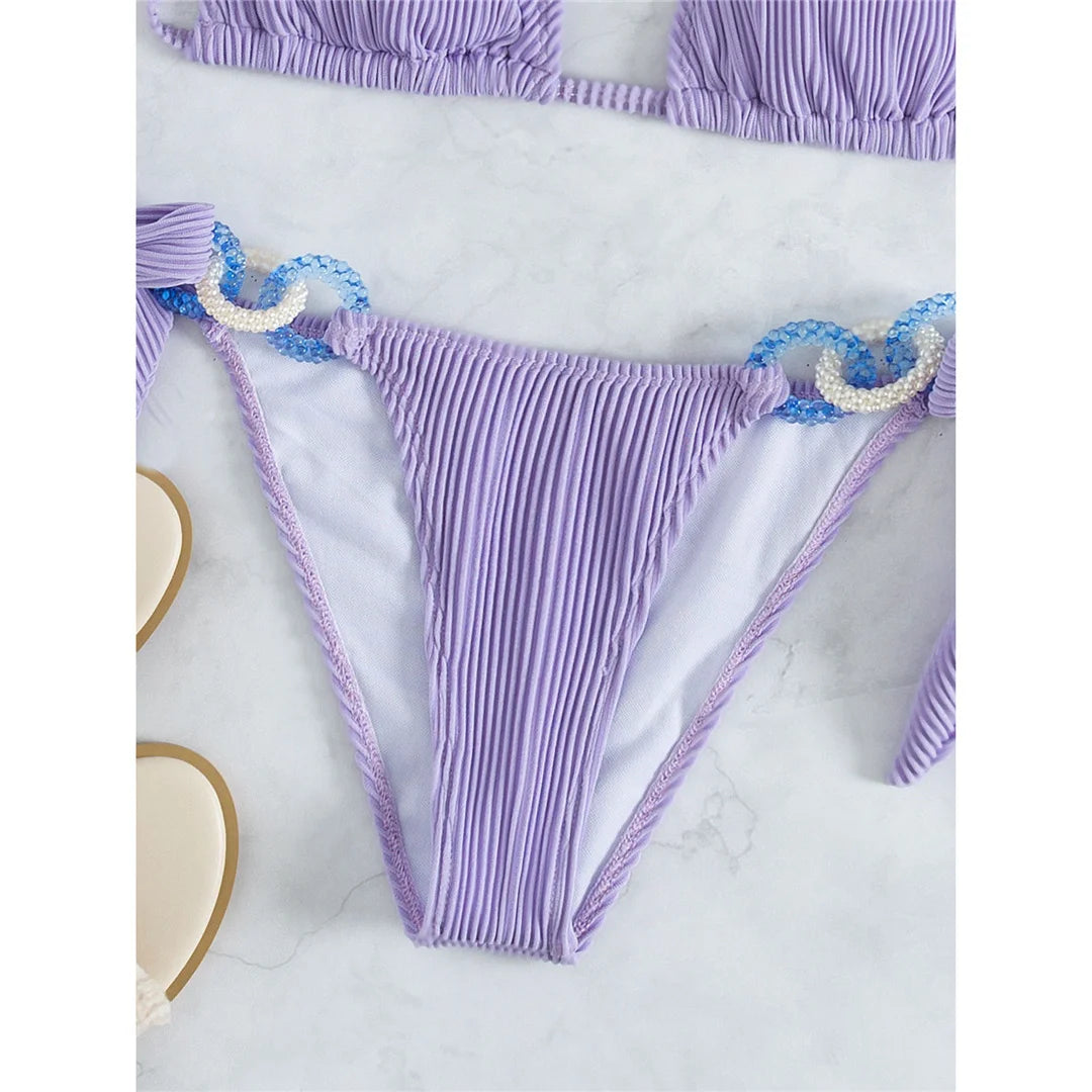 Halter Shiny Ring Ribbed Bikini Female Swimsuit Women Swimwear Two-pieces Bikini set Brazilian Bather Bathing Suit Swim