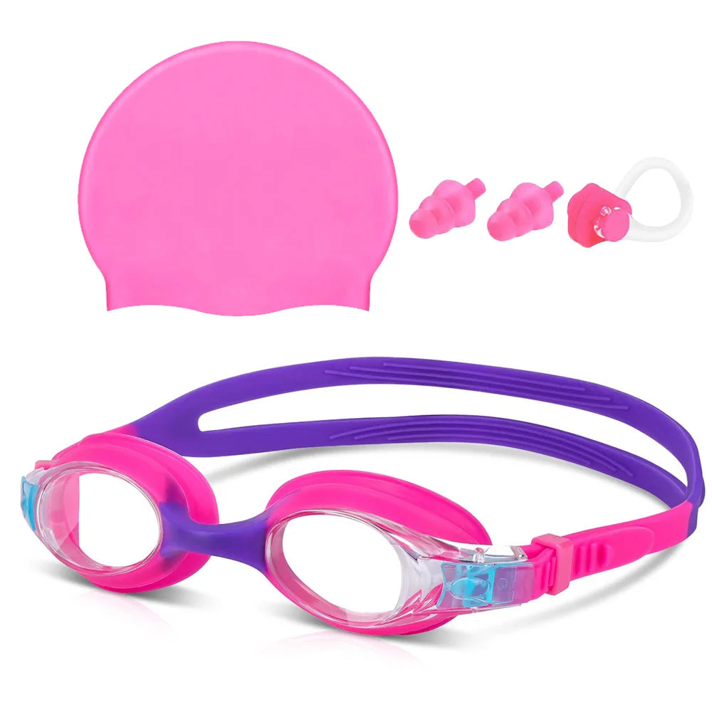 Kids Swim Goggles and Silicone Swim Cap set with Nose Clip Earplugs,Waterproof No Leaking Anti Fog UV Protection for Boys Girls