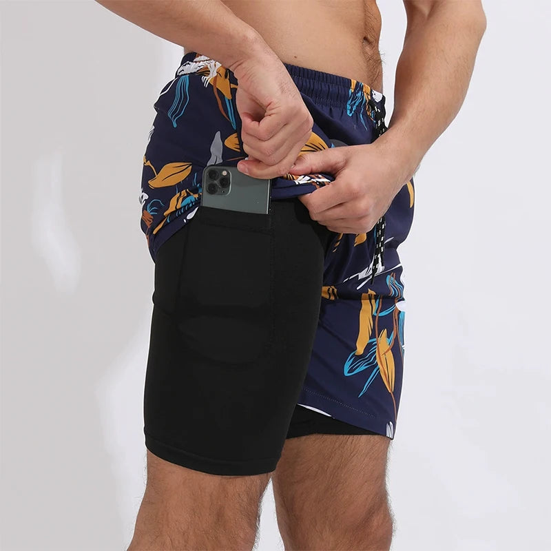 Summer Men's Surfing Swimwear Short Pants Fitness Exercise 2+1 Double Layer Beach Printed Shorts Male Sports Clothing