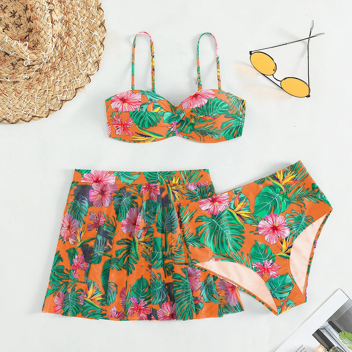 Cikini-Women's Tropical Print Push Up Bikinis Set, Swimsuit with Beach Skirt, Swimwear, Summer Bathing Suit