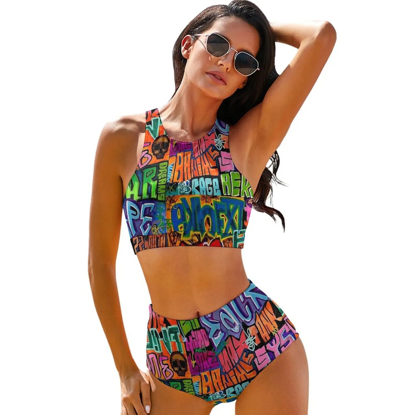 Abstract Graffiti Doodle Print Bikini Swimsuit High Waist Bikinis Set Women Modern Swimwear Push Up Custom Feminine Bikinis