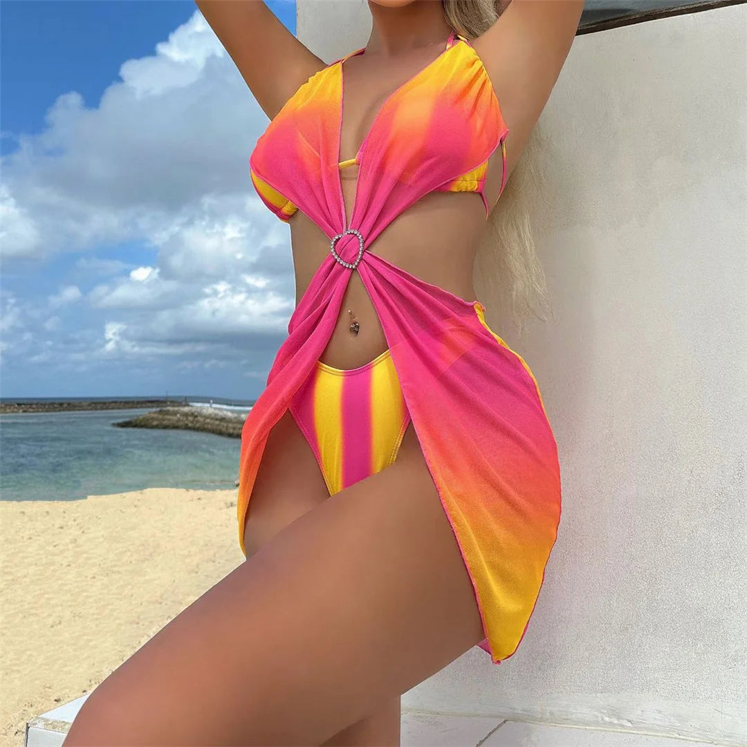 With Dress Tie Dye Striped Bikini Female Swimsuit Women Swimwear Three-pieces Bikini set Bather Bathing Suit Swim