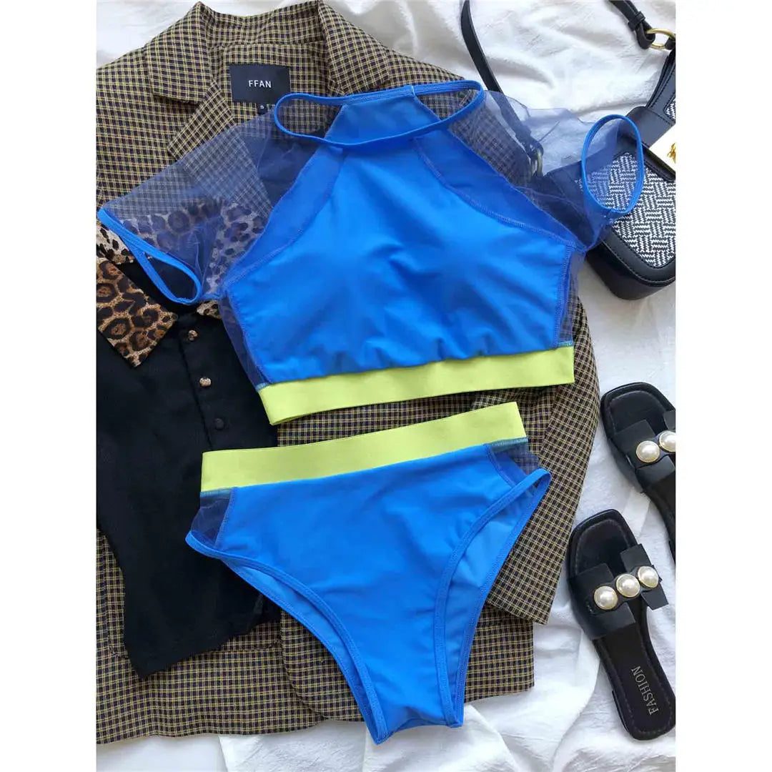 Neon Colours Short Sleeve Mesh High Waist Bikini Women Bikini Sets