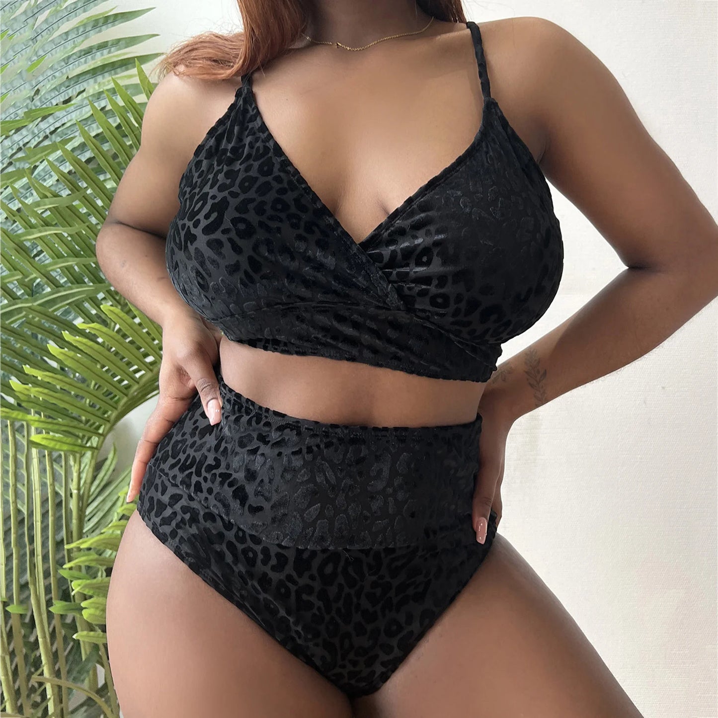 Women's Plus Size Bikini Set Leopard Printed Back Lace Up Strap High Waist Swimsuit Summer