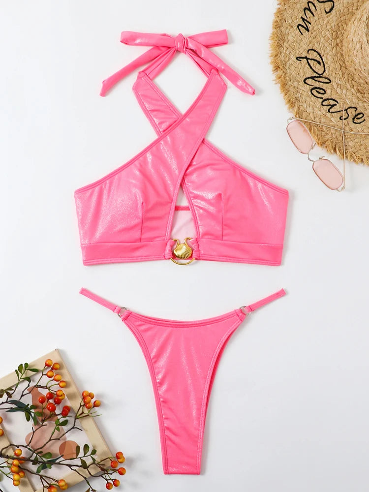 Solid Cross Halter Swimwear Women Hollow Push Up Bikini High Cut Thong Swimsuit Backless Beach Bathing Suit