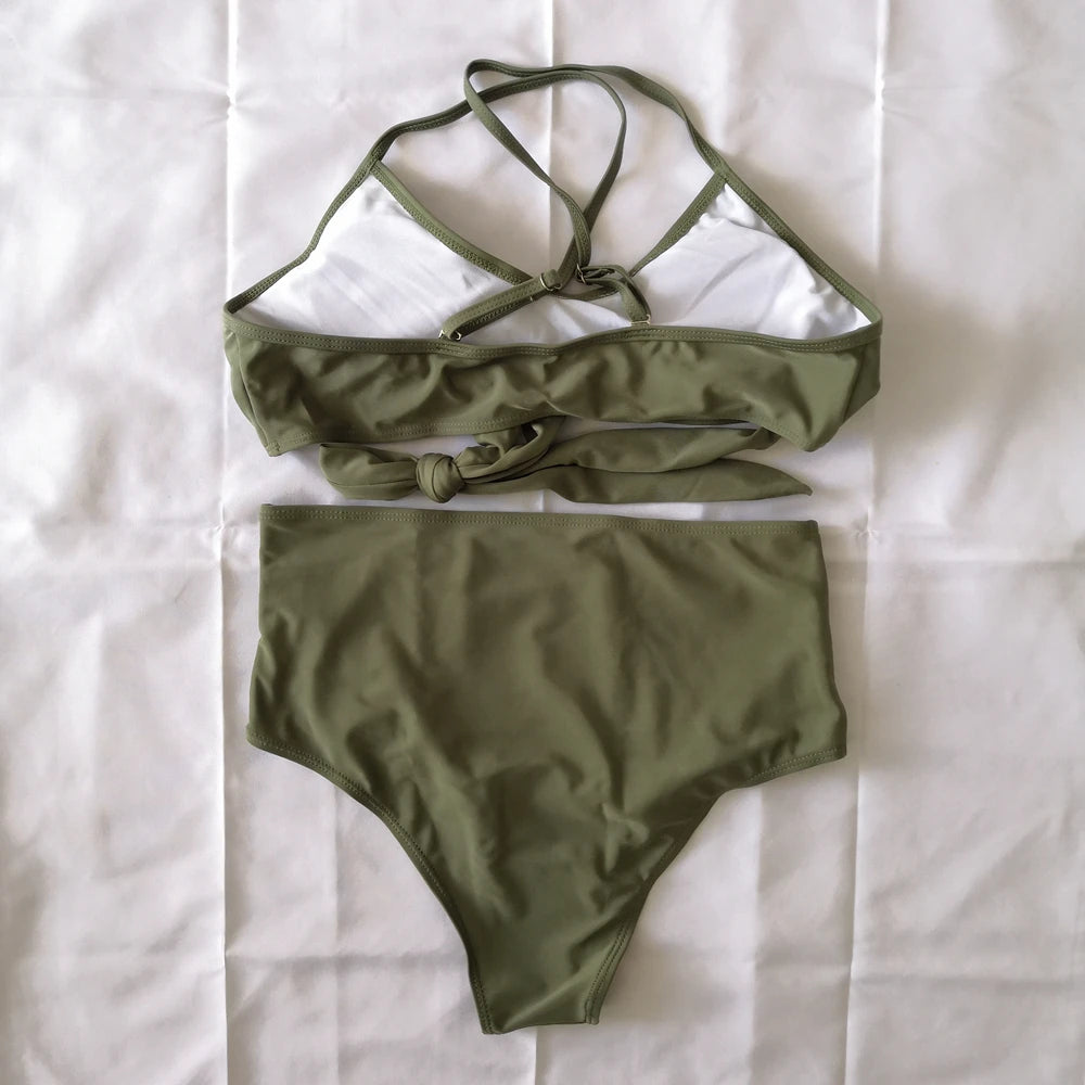 Bikini Two Piece Suit Cross Front Slim High Waisted Bottom Solid/Print Breathable Quick Drying Beachwear