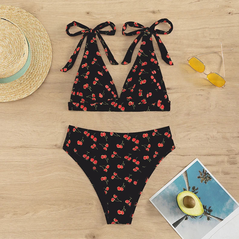 Black Cherry Print Bikini Set Women Tie Up Strap V Neck Push Up High Waist Swimsuit Cut Out Bathing Suit Two Piece Swimwear