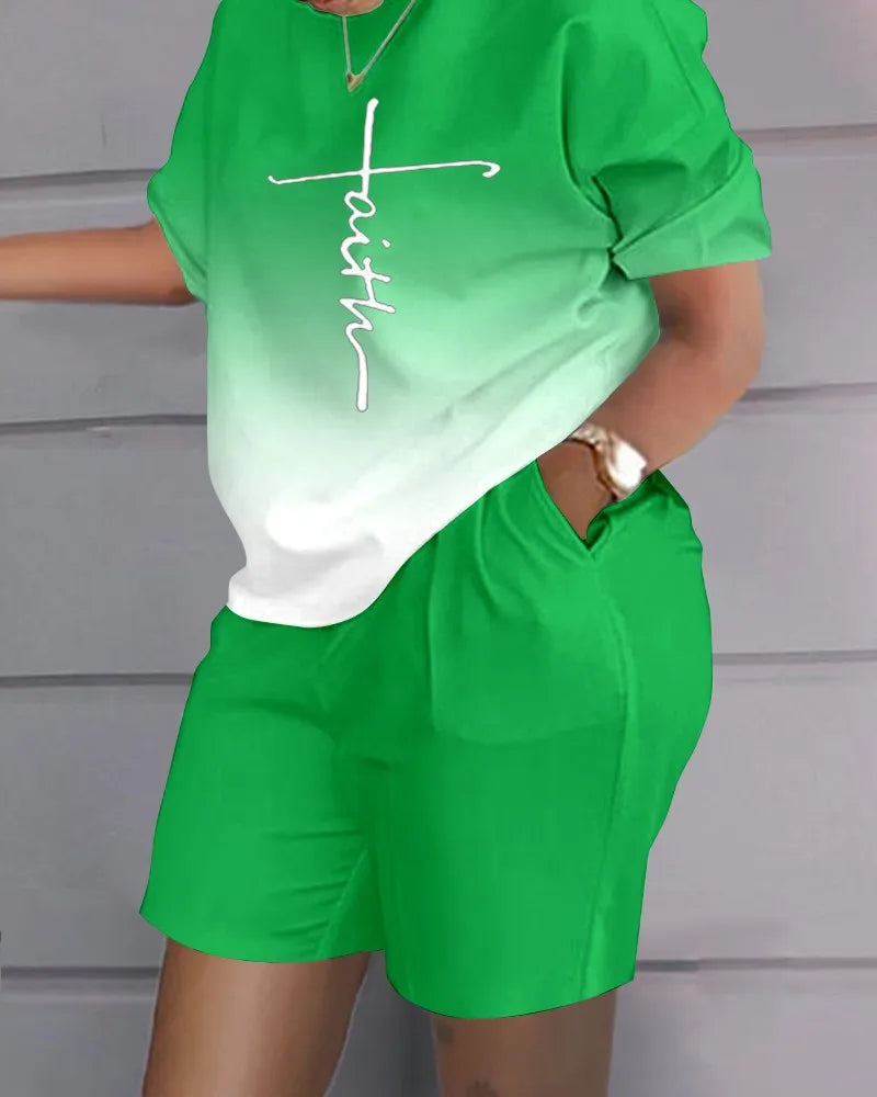 Women Casual Short Sleeve Two Piece Sets Womens Outifits Summer Letter Printed Pocket Suit Female T-shirt Shorts Matching Sets