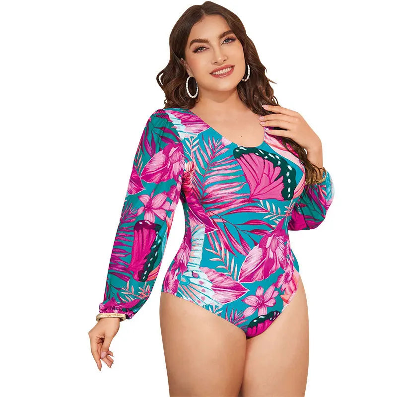 Plus Size Women's Long-Sleeved Printed Swimwear Cover Belly Conservative Plus Size Swimsuit One Piece Swimwear Bathers