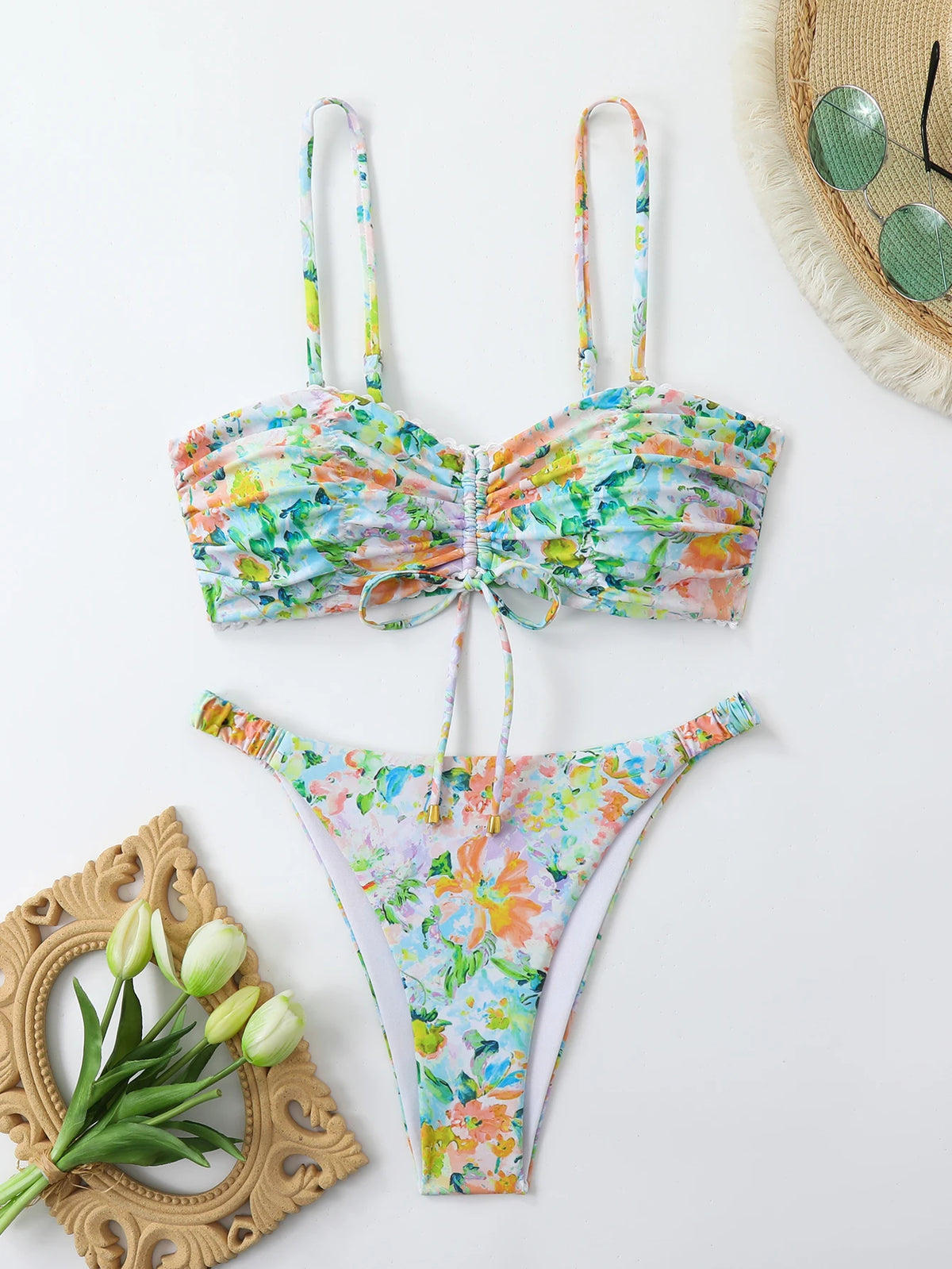 Women's Floral Strappy Bikini Set with Bow Detail