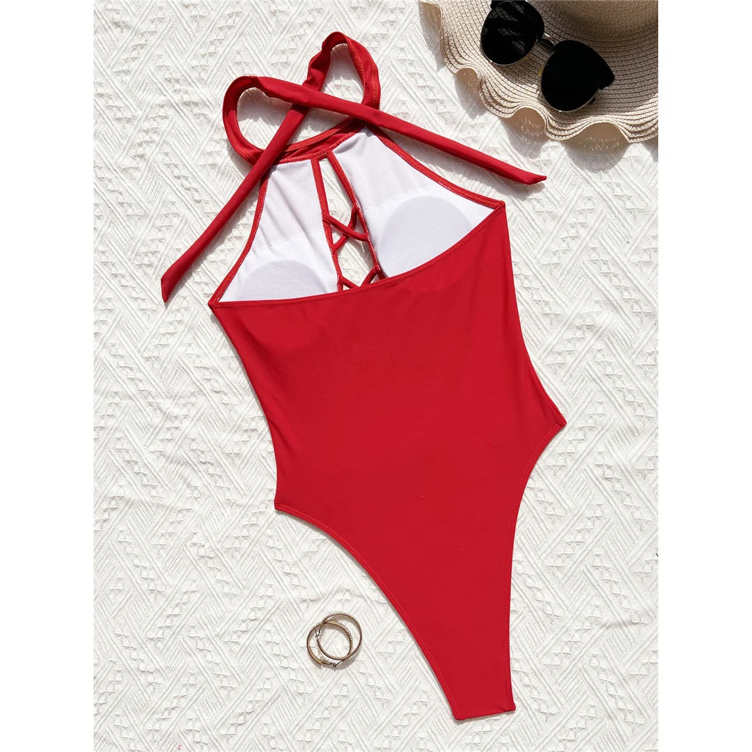 S - XL 7 Colors Lace Up High Neck Full Back Women Swimwear One Piece Swimsuit Female High Leg Cut Bather Bathing Suit Swim
