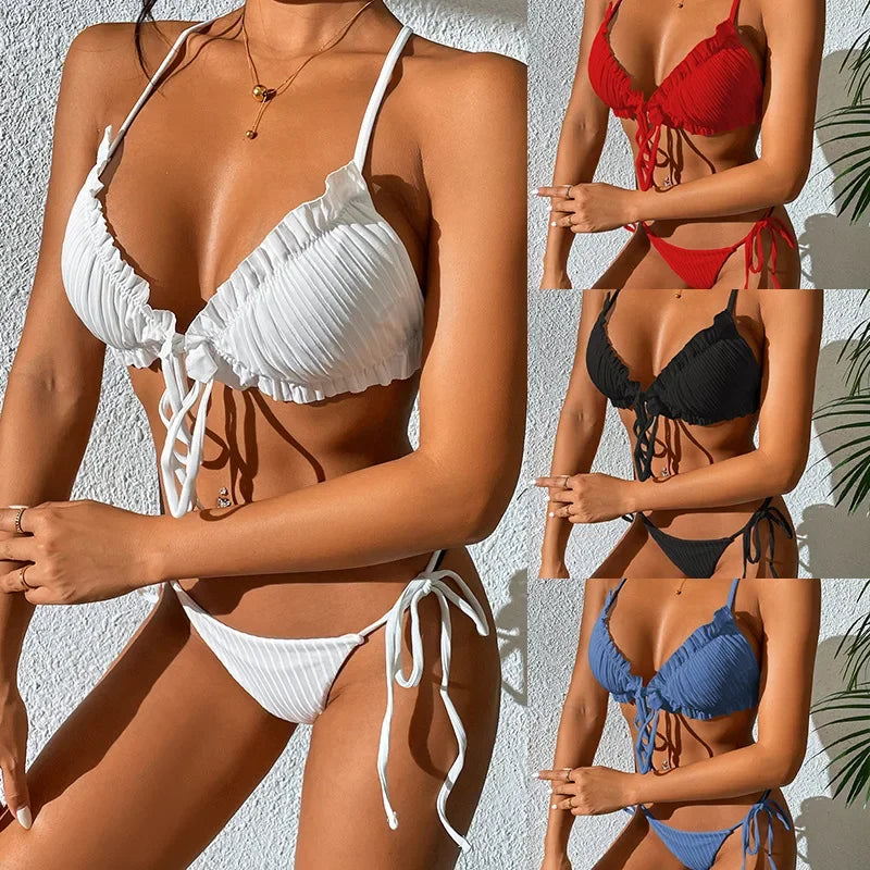 Butterfly Pattern Pleated Lace Open Back Bikini Swimwear Split Swimsuit Bathers