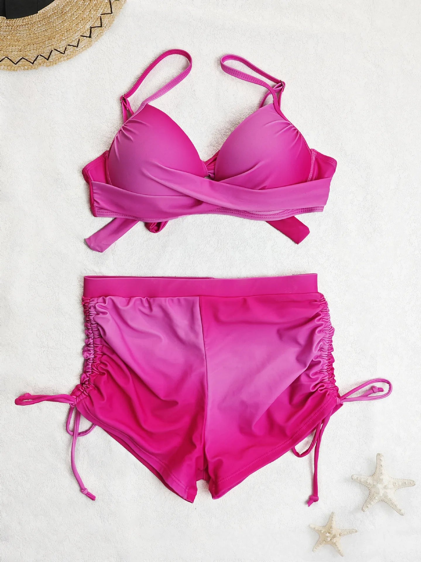 Vintage Yellow Gradient Bikini Set Swimwear Women Halter Cross Push Up Padded Bra High Waist Drawstring Side Pants Swimsuit
